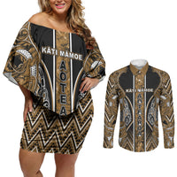 Aotearoa Kati Mamoe Couples Matching Off Shoulder Short Dress and Long Sleeve Button Shirt Maori Brown Tribal Paua Shell Pattern DT05 Brown - Polynesian Pride