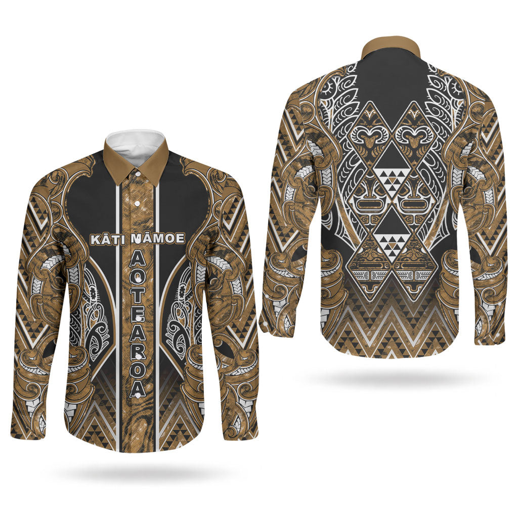Aotearoa Kati Mamoe Couples Matching Off Shoulder Short Dress and Long Sleeve Button Shirt Maori Brown Tribal Paua Shell Pattern DT05 - Polynesian Pride