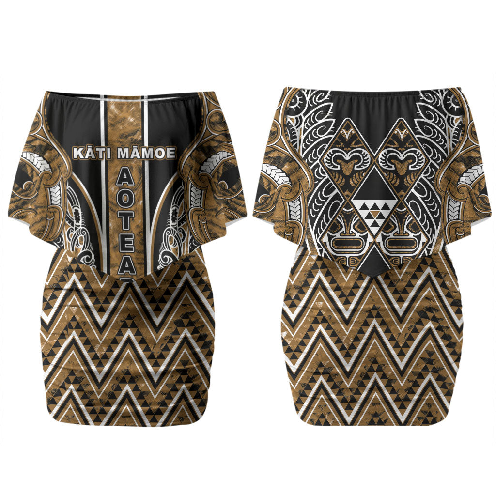 Aotearoa Kati Mamoe Couples Matching Off Shoulder Short Dress and Long Sleeve Button Shirt Maori Brown Tribal Paua Shell Pattern DT05 - Polynesian Pride