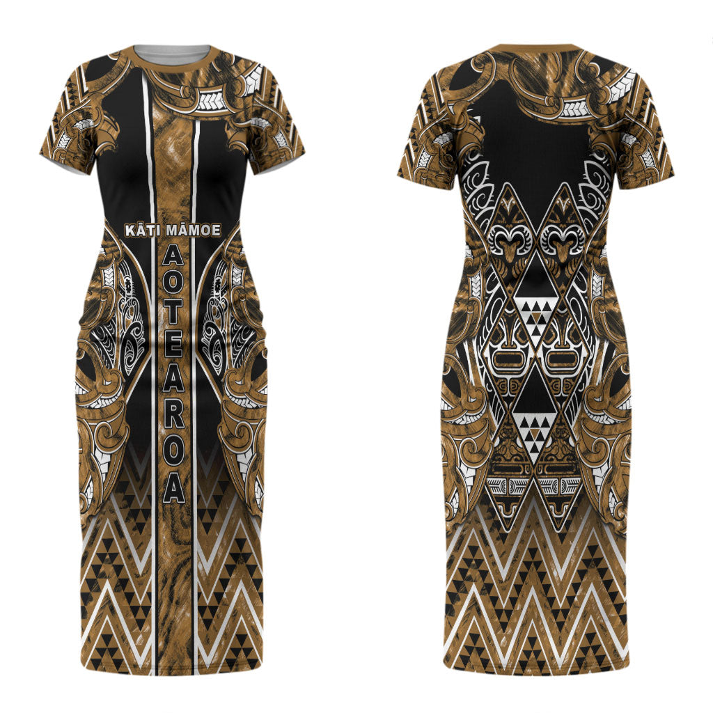 Aotearoa Kati Mamoe Couples Matching Short Sleeve Bodycon Dress and Hawaiian Shirt Maori Brown Tribal Paua Shell Pattern DT05 - Polynesian Pride