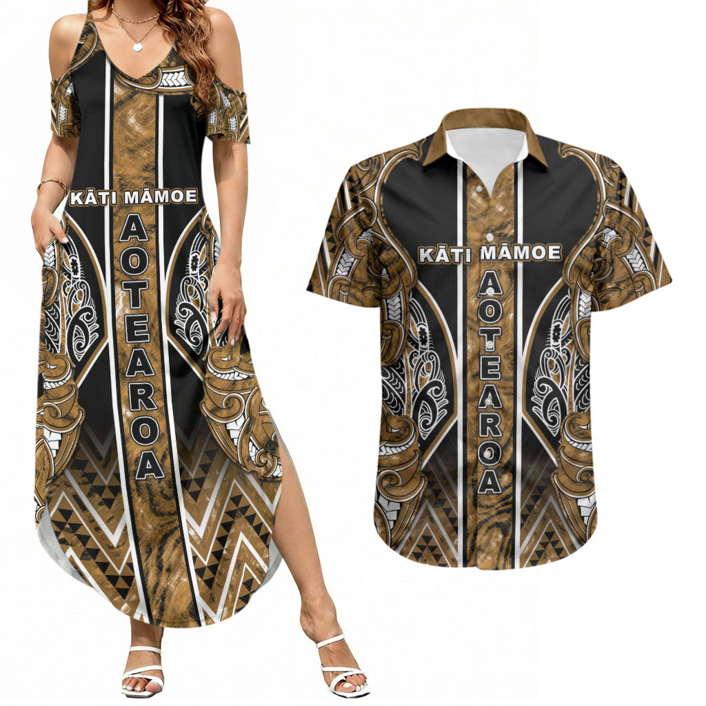 Aotearoa Kati Mamoe Couples Matching Summer Maxi Dress and Hawaiian Shirt Maori Brown Tribal Paua Shell Pattern DT05 Brown - Polynesian Pride