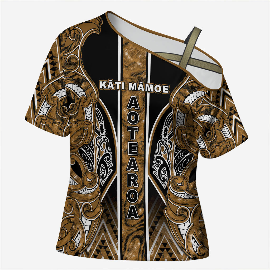 Aotearoa Kati Mamoe Cross Shoulder Shirt Maori Brown Tribal Paua Shell Pattern DT05 Female Brown - Polynesian Pride