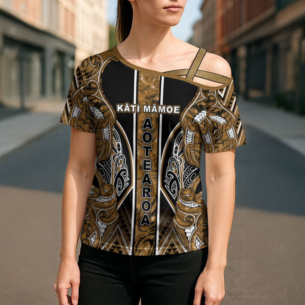 Aotearoa Kati Mamoe Cross Shoulder Shirt Maori Brown Tribal Paua Shell Pattern DT05 - Polynesian Pride