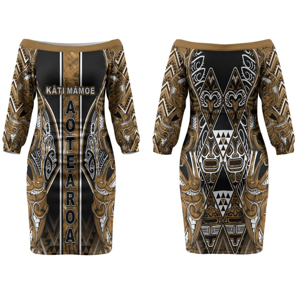 Aotearoa Kati Mamoe Family Matching Off The Shoulder Long Sleeve Dress and Hawaiian Shirt Maori Brown Tribal Paua Shell Pattern DT05 Mom's Dress Brown - Polynesian Pride