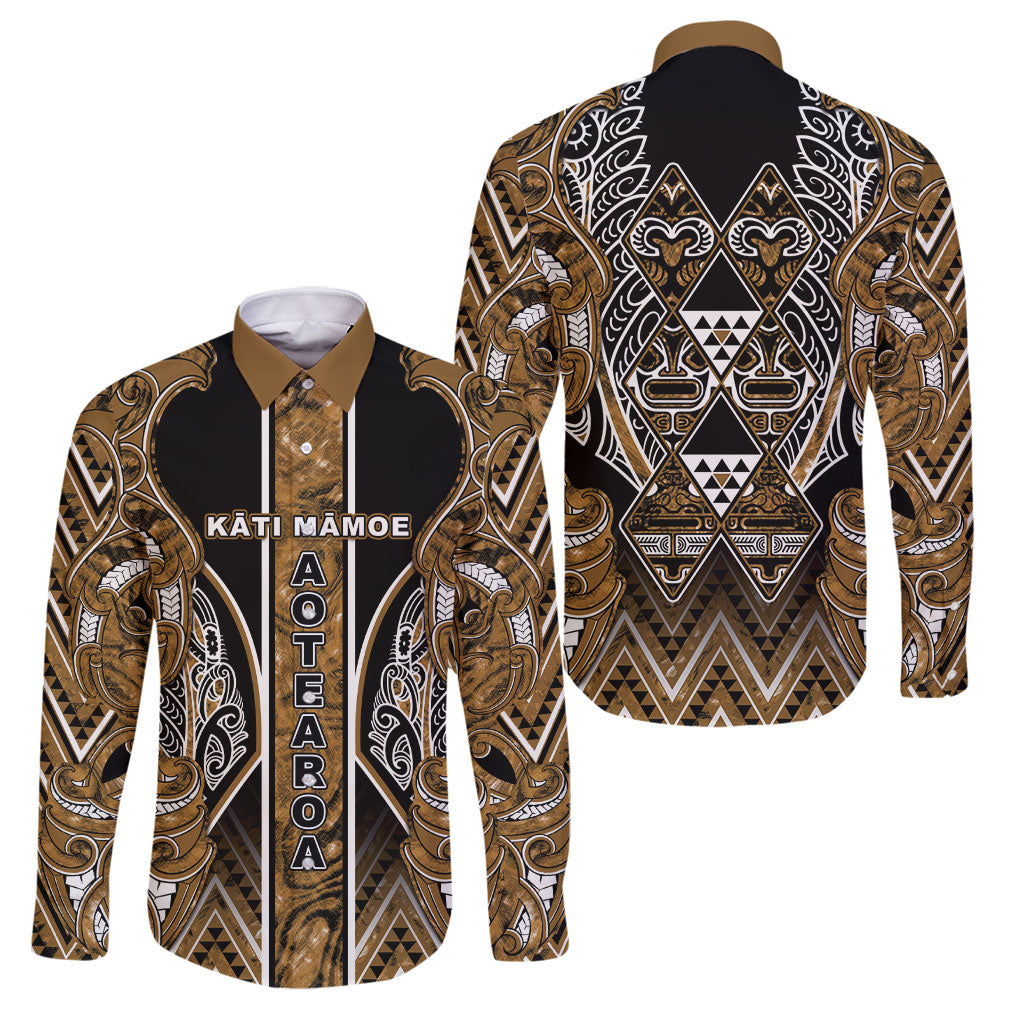 Aotearoa Kati Mamoe Family Matching Off The Shoulder Long Sleeve Dress and Hawaiian Shirt Maori Brown Tribal Paua Shell Pattern DT05 Dad's Shirt - Long Sleeve Brown - Polynesian Pride