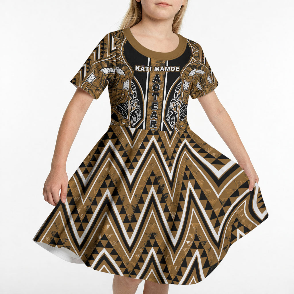 Aotearoa Kati Mamoe Kid Short Sleeve Dress Maori Brown Tribal Paua Shell Pattern DT05 - Polynesian Pride