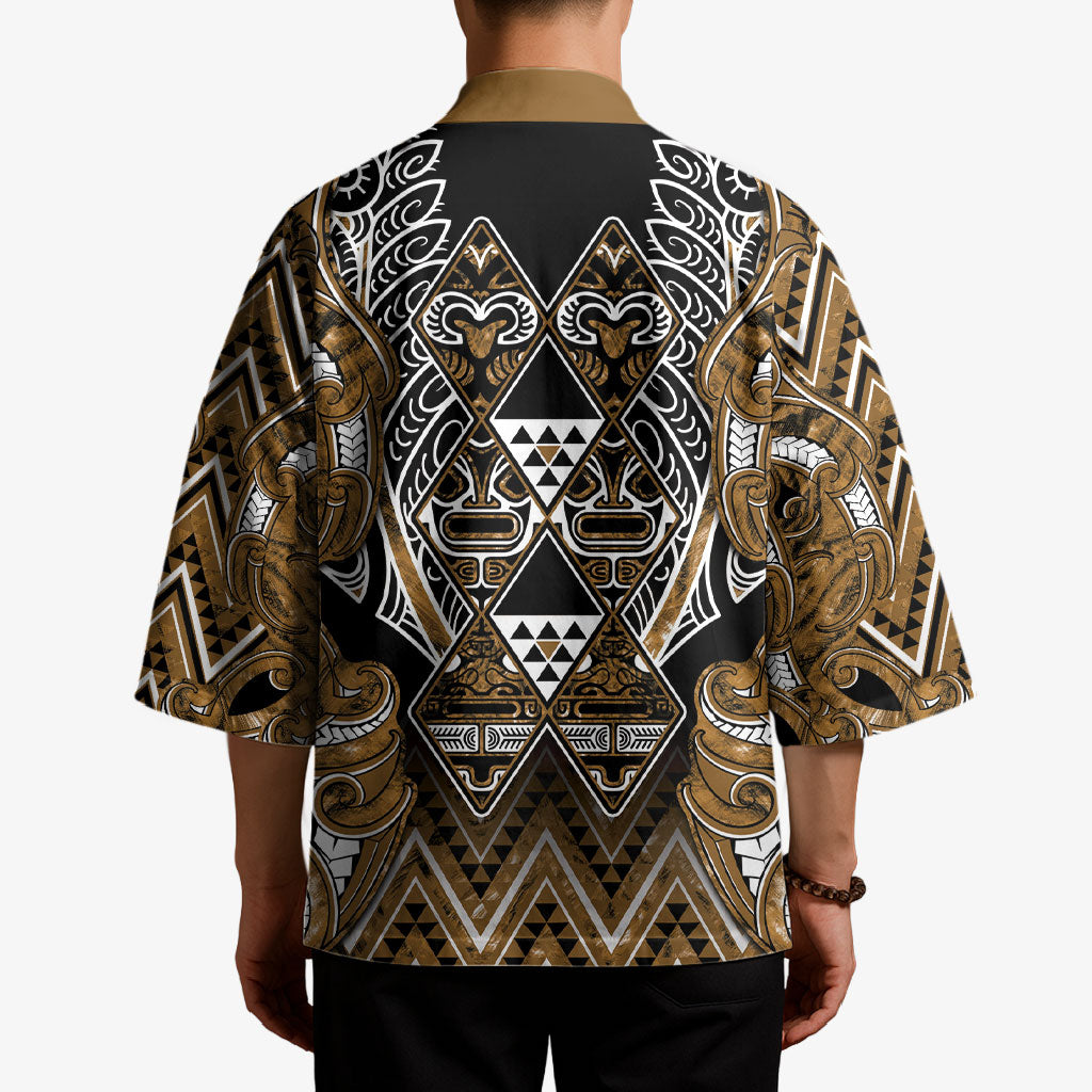 Aotearoa Kati Mamoe Kimono Maori Brown Tribal Paua Shell Pattern DT05 - Polynesian Pride