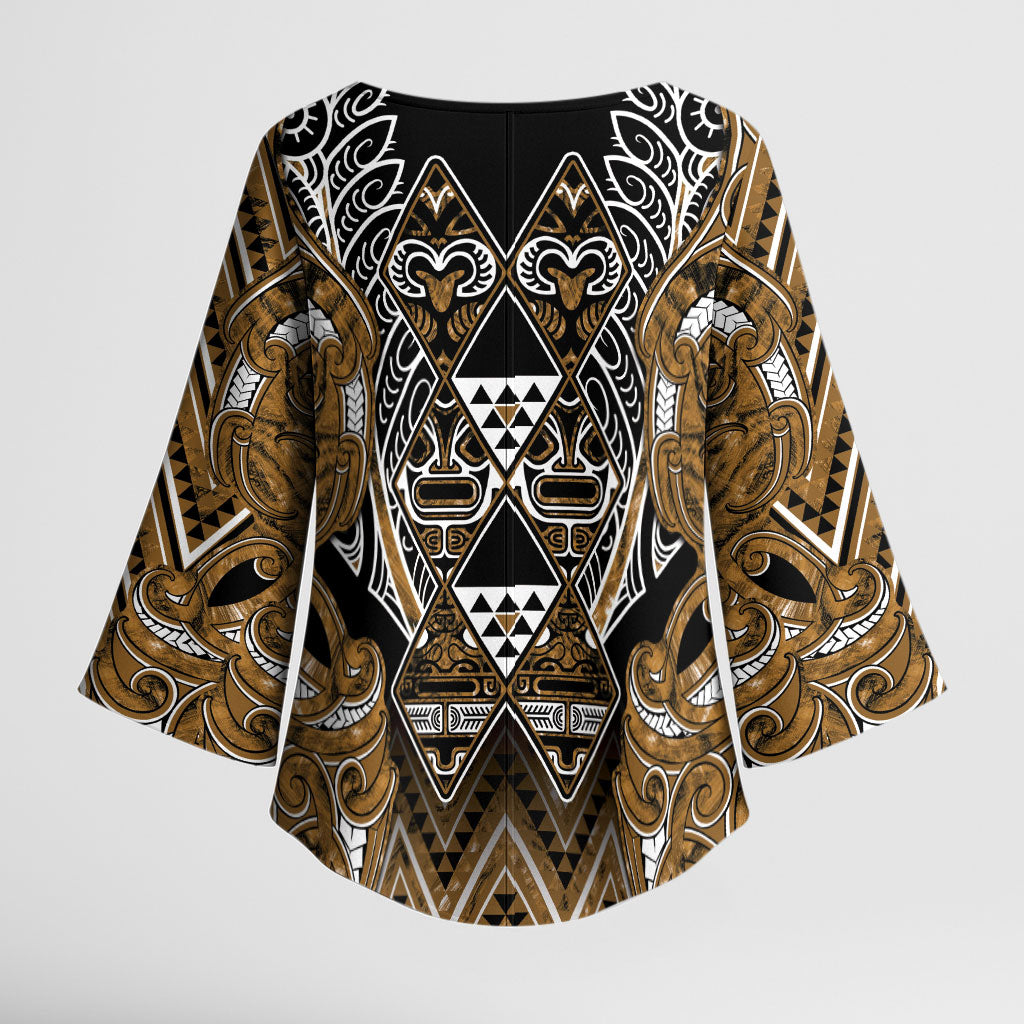 Aotearoa Kati Mamoe Kimono Sleeve Blouse Maori Brown Tribal Paua Shell Pattern DT05 - Polynesian Pride