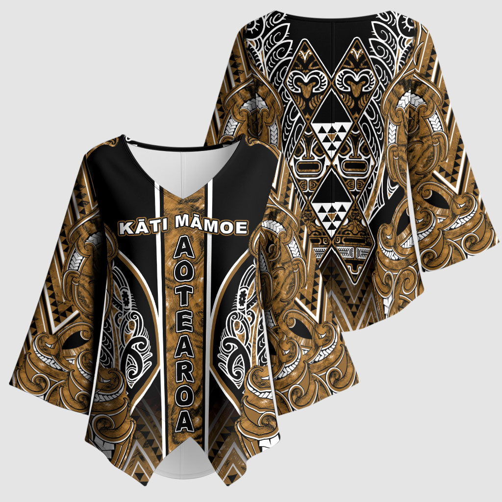 Aotearoa Kati Mamoe Kimono Sleeve Blouse Maori Brown Tribal Paua Shell Pattern DT05 - Polynesian Pride