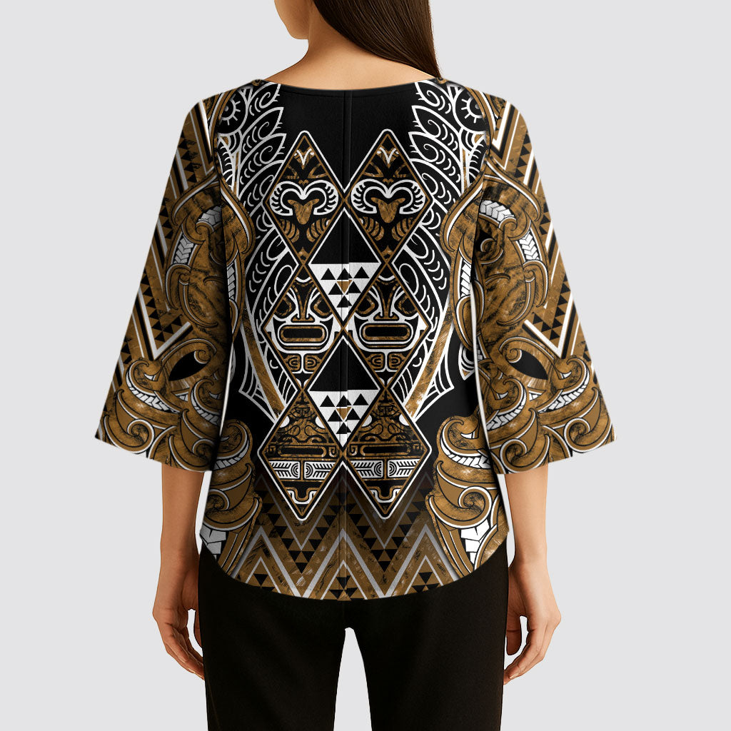 Aotearoa Kati Mamoe Kimono Sleeve Blouse Maori Brown Tribal Paua Shell Pattern DT05 - Polynesian Pride