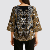 Aotearoa Kati Mamoe Kimono Sleeve Blouse Maori Brown Tribal Paua Shell Pattern DT05 - Polynesian Pride