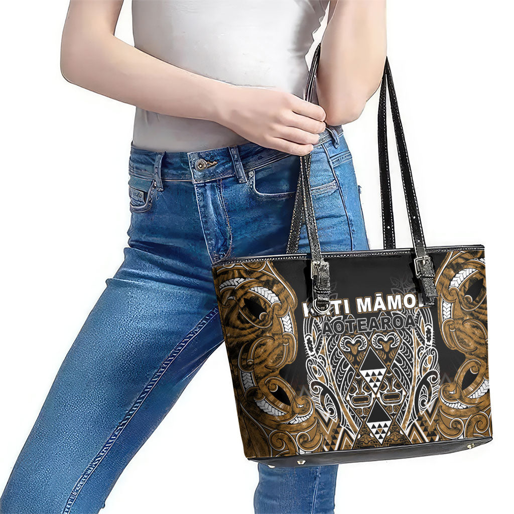 Aotearoa Kati Mamoe Leather Tote Bag Maori Brown Tribal Paua Shell Pattern DT05 - Polynesian Pride