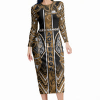 Aotearoa Kati Mamoe Long Sleeve Bodycon Dress Maori Brown Tribal Paua Shell Pattern DT05 Long Dress Brown - Polynesian Pride