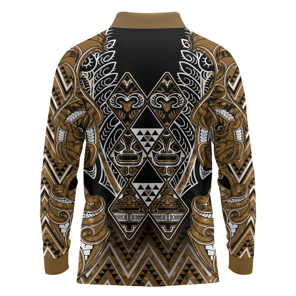 Aotearoa Kati Mamoe Long Sleeve Polo Shirt Maori Brown Tribal Paua Shell Pattern DT05 - Polynesian Pride