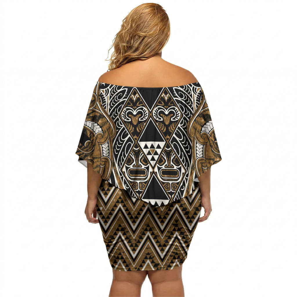 Aotearoa Kati Mamoe Off Shoulder Short Dress Maori Brown Tribal Paua Shell Pattern DT05 - Polynesian Pride