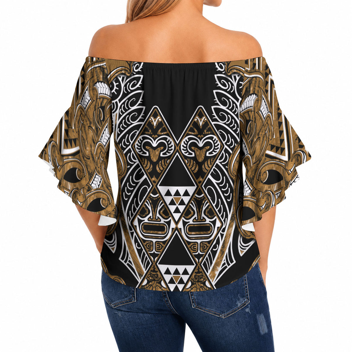 Aotearoa Kati Mamoe Off Shoulder Wrap Waist Top Maori Brown Tribal Paua Shell Pattern DT05 - Polynesian Pride