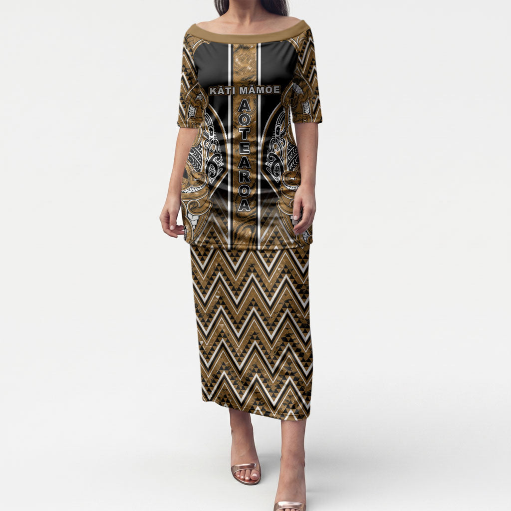 Aotearoa Kati Mamoe Puletasi Maori Brown Tribal Paua Shell Pattern DT05 Long Dress Brown - Polynesian Pride