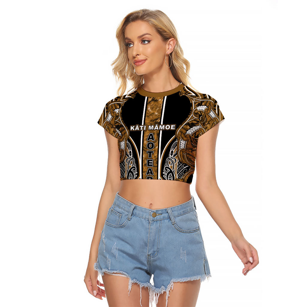 Aotearoa Kati Mamoe Raglan Cropped T Shirt Maori Brown Tribal Paua Shell Pattern DT05 Female Brown - Polynesian Pride