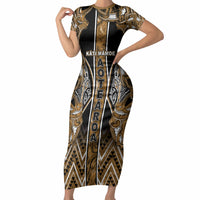 Aotearoa Kati Mamoe Short Sleeve Bodycon Dress Maori Brown Tribal Paua Shell Pattern DT05 Long Dress Brown - Polynesian Pride