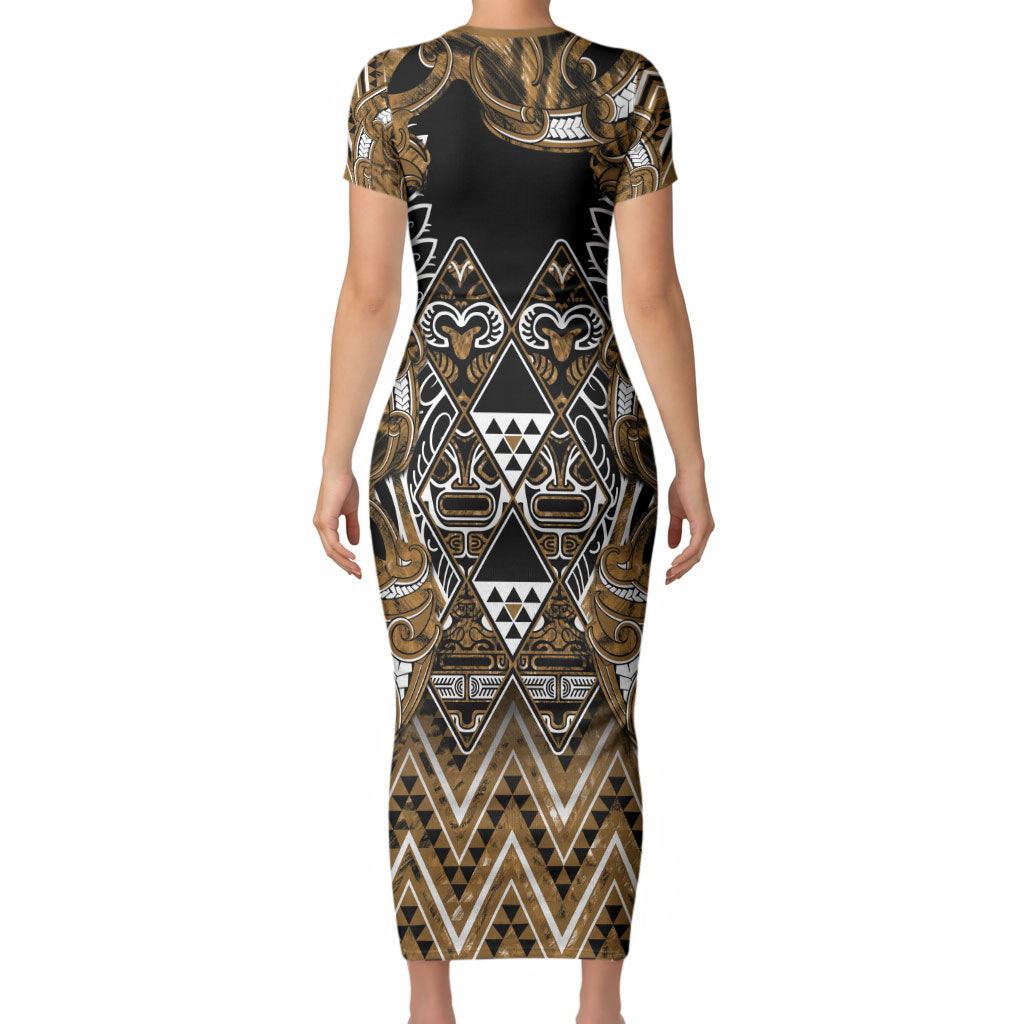 Aotearoa Kati Mamoe Short Sleeve Bodycon Dress Maori Brown Tribal Paua Shell Pattern DT05 - Polynesian Pride