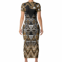 Aotearoa Kati Mamoe Short Sleeve Bodycon Dress Maori Brown Tribal Paua Shell Pattern DT05 - Polynesian Pride