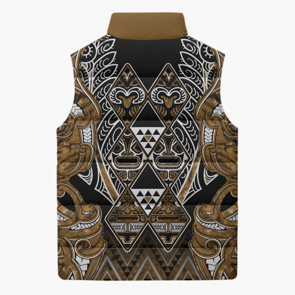 Aotearoa Kati Mamoe Sleeveless Puffer Jacket Maori Brown Tribal Paua Shell Pattern DT05 - Polynesian Pride