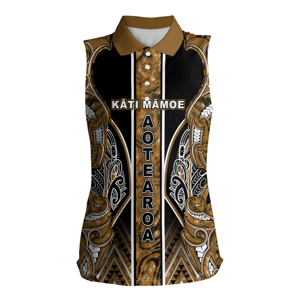 Aotearoa Kati Mamoe Women Sleeveless Polo Shirt Maori Brown Tribal Paua Shell Pattern DT05 Female Brown - Polynesian Pride