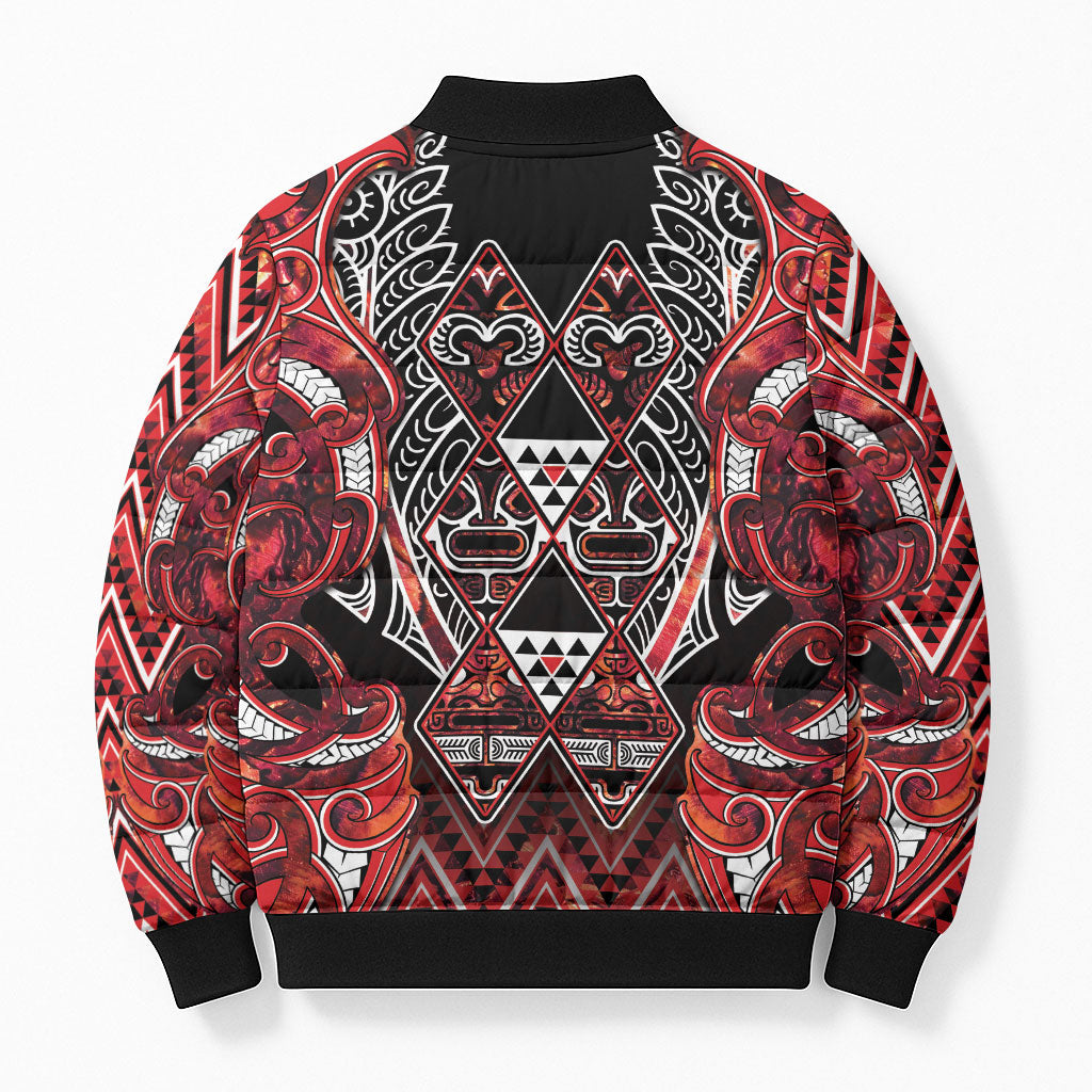 Aotearoa Ngapuhi Bomber Puffer Jacket Maori Red Tribal Paua Shell Pattern DT05 - Polynesian Pride