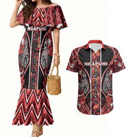 Aotearoa Ngapuhi Couples Matching Mermaid Dress and Hawaiian Shirt Maori Red Tribal Paua Shell Pattern DT05 Red - Polynesian Pride
