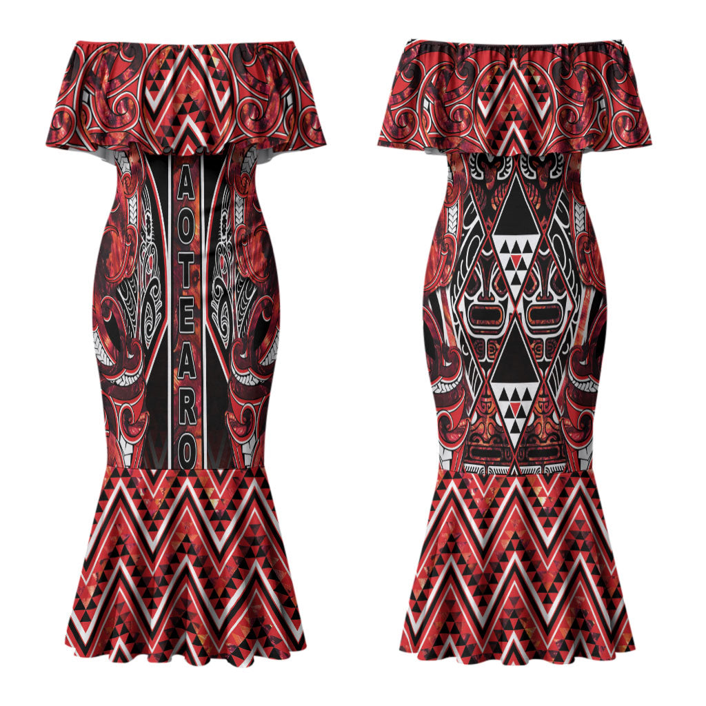 Aotearoa Ngapuhi Couples Matching Mermaid Dress and Hawaiian Shirt Maori Red Tribal Paua Shell Pattern DT05 - Polynesian Pride