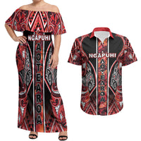 Aotearoa Ngapuhi Couples Matching Off Shoulder Maxi Dress and Hawaiian Shirt Maori Red Tribal Paua Shell Pattern DT05 Red - Polynesian Pride