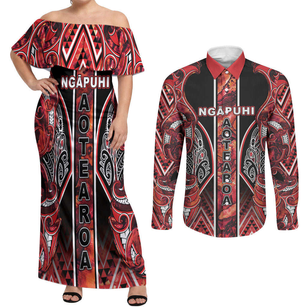 Aotearoa Ngapuhi Couples Matching Off Shoulder Maxi Dress and Long Sleeve Button Shirt Maori Red Tribal Paua Shell Pattern DT05 Red - Polynesian Pride