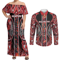 Aotearoa Ngapuhi Couples Matching Off Shoulder Maxi Dress and Long Sleeve Button Shirt Maori Red Tribal Paua Shell Pattern DT05 Red - Polynesian Pride