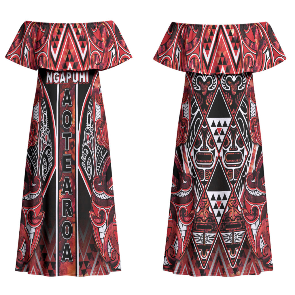 Aotearoa Ngapuhi Couples Matching Off Shoulder Maxi Dress and Long Sleeve Button Shirt Maori Red Tribal Paua Shell Pattern DT05 - Polynesian Pride