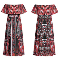 Aotearoa Ngapuhi Couples Matching Off Shoulder Maxi Dress and Long Sleeve Button Shirt Maori Red Tribal Paua Shell Pattern DT05 - Polynesian Pride