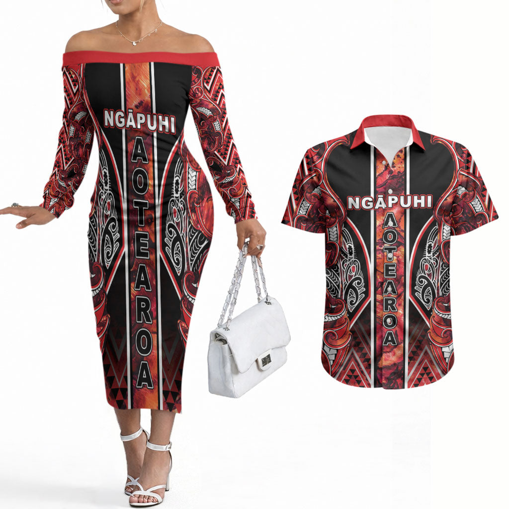 Aotearoa Ngapuhi Couples Matching Off The Shoulder Long Sleeve Dress and Hawaiian Shirt Maori Red Tribal Paua Shell Pattern DT05 Red - Polynesian Pride