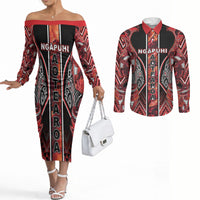 Aotearoa Ngapuhi Couples Matching Off The Shoulder Long Sleeve Dress and Long Sleeve Button Shirt Maori Red Tribal Paua Shell Pattern DT05 Red - Polynesian Pride