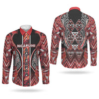 Aotearoa Ngapuhi Couples Matching Off The Shoulder Long Sleeve Dress and Long Sleeve Button Shirt Maori Red Tribal Paua Shell Pattern DT05 - Polynesian Pride