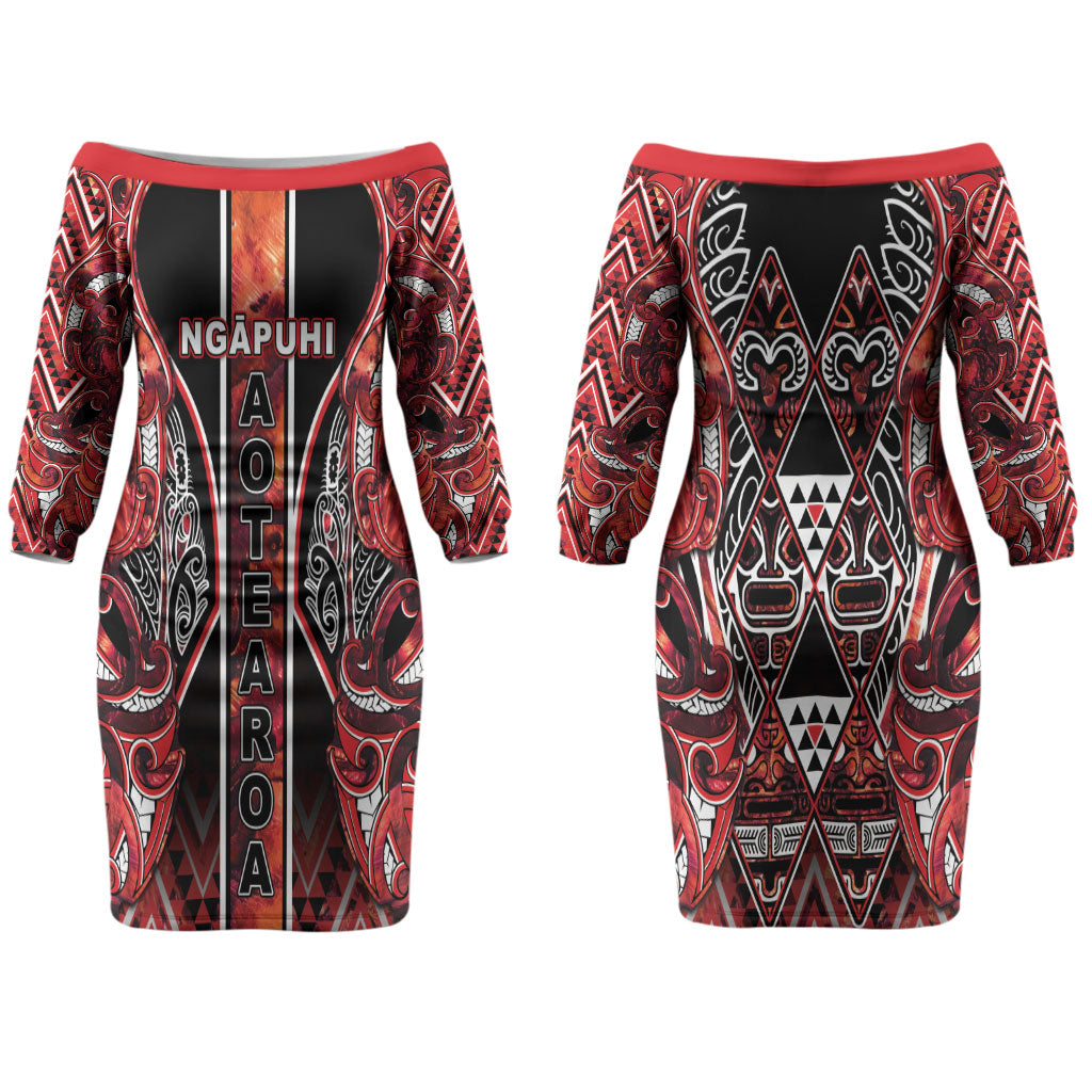 Aotearoa Ngapuhi Couples Matching Off The Shoulder Long Sleeve Dress and Long Sleeve Button Shirt Maori Red Tribal Paua Shell Pattern DT05 - Polynesian Pride