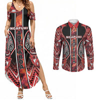 Aotearoa Ngapuhi Couples Matching Summer Maxi Dress and Long Sleeve Button Shirt Maori Red Tribal Paua Shell Pattern DT05 Red - Polynesian Pride