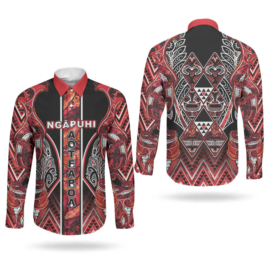 Aotearoa Ngapuhi Couples Matching Summer Maxi Dress and Long Sleeve Button Shirt Maori Red Tribal Paua Shell Pattern DT05 - Polynesian Pride