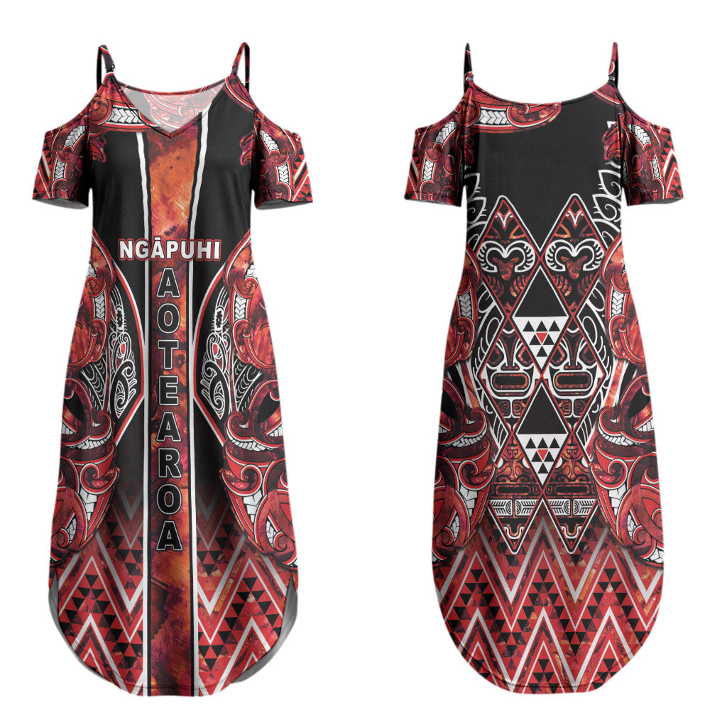 Aotearoa Ngapuhi Couples Matching Summer Maxi Dress and Long Sleeve Button Shirt Maori Red Tribal Paua Shell Pattern DT05 - Polynesian Pride