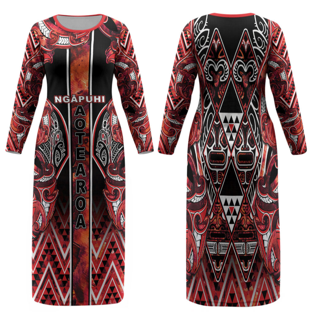 Aotearoa Ngapuhi Family Matching Long Sleeve Bodycon Dress and Hawaiian Shirt Maori Red Tribal Paua Shell Pattern DT05 Mom's Dress Red - Polynesian Pride