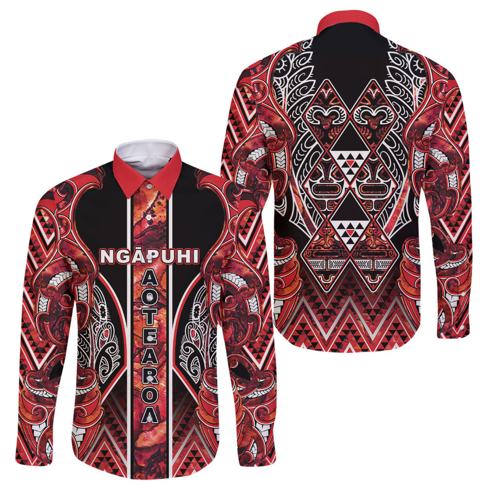 Aotearoa Ngapuhi Family Matching Long Sleeve Bodycon Dress and Hawaiian Shirt Maori Red Tribal Paua Shell Pattern DT05 Dad's Shirt - Long Sleeve Red - Polynesian Pride
