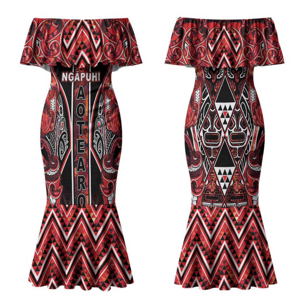 Aotearoa Ngapuhi Family Matching Mermaid Dress and Hawaiian Shirt Maori Red Tribal Paua Shell Pattern DT05 Mom's Dress Red - Polynesian Pride