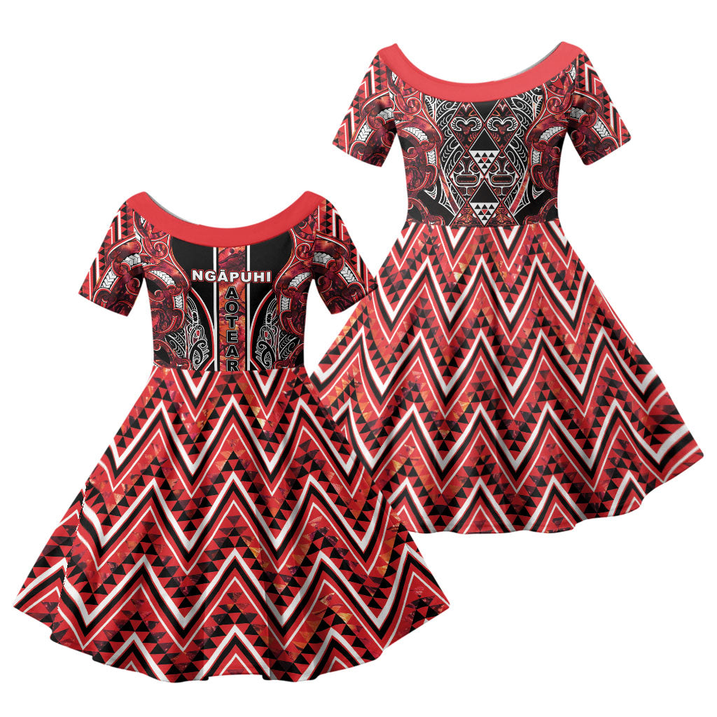 Aotearoa Ngapuhi Family Matching Mermaid Dress and Hawaiian Shirt Maori Red Tribal Paua Shell Pattern DT05 Daughter's Dress Red - Polynesian Pride