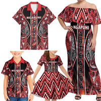 Aotearoa Ngapuhi Family Matching Off Shoulder Maxi Dress and Hawaiian Shirt Maori Red Tribal Paua Shell Pattern DT05 - Polynesian Pride