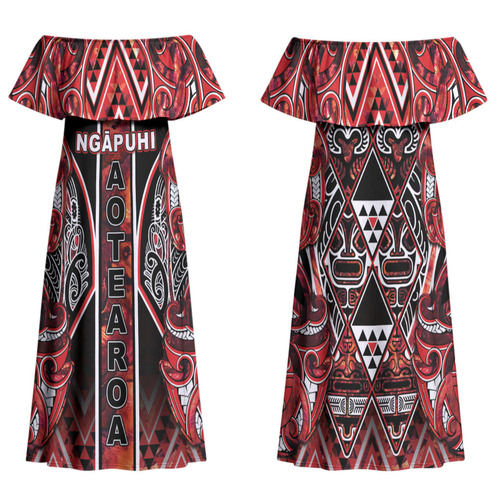 Aotearoa Ngapuhi Family Matching Off Shoulder Maxi Dress and Hawaiian Shirt Maori Red Tribal Paua Shell Pattern DT05 Mom's Dress Red - Polynesian Pride