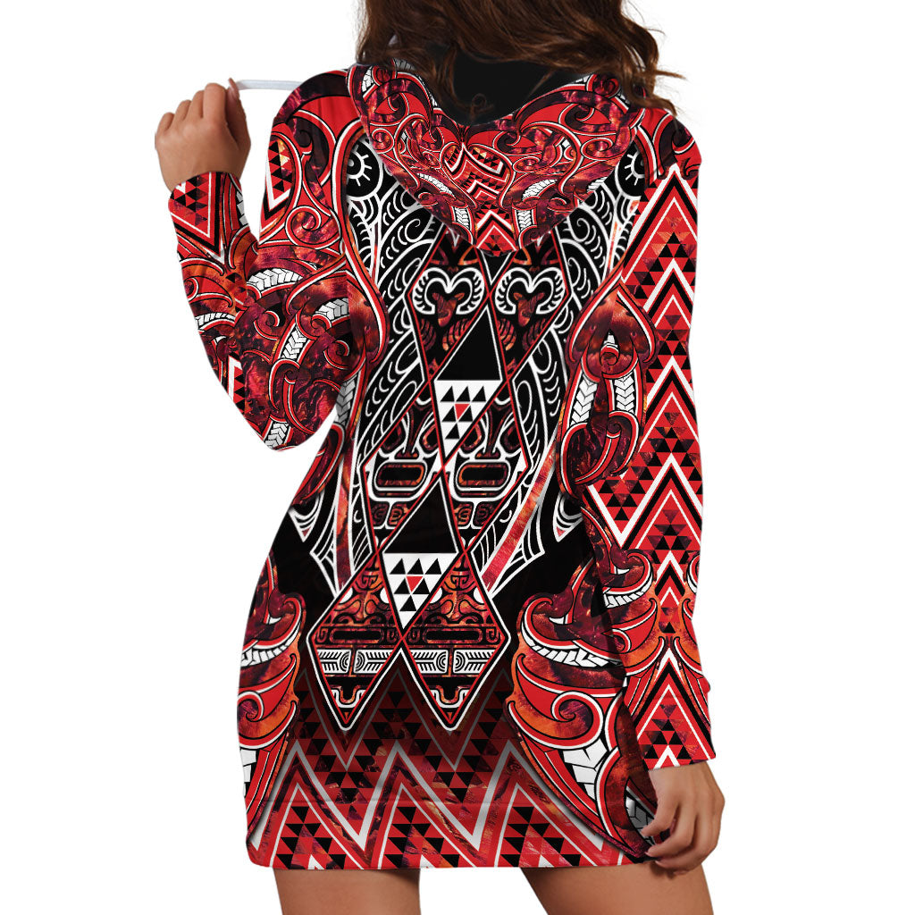 Aotearoa Ngapuhi Hoodie Dress Maori Red Tribal Paua Shell Pattern DT05 - Polynesian Pride