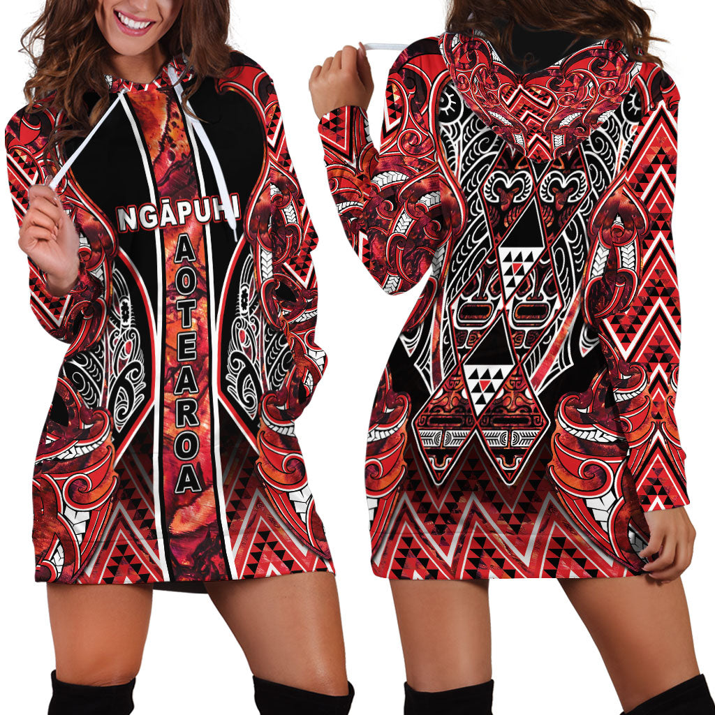 Aotearoa Ngapuhi Hoodie Dress Maori Red Tribal Paua Shell Pattern DT05 - Polynesian Pride